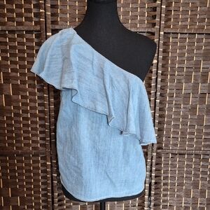 Alice + Olivia Light Blue One-Shoulder Ruffle Blouse